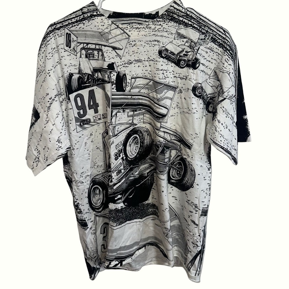 Vintage Dirt Track Sprint Car "All Over Print" T-Shirt - black and white drawing